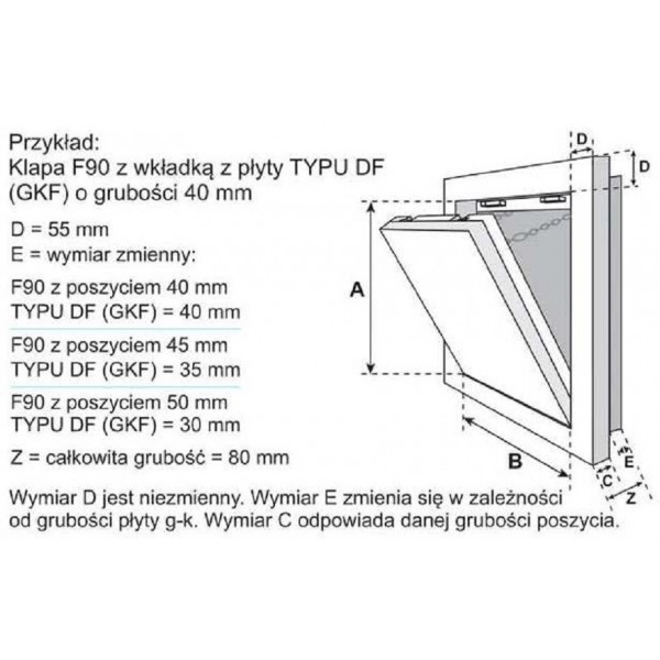 Klapa F5 EI-120 do ścian szybów instalacyjnych z g-ka, wkładka 40mm